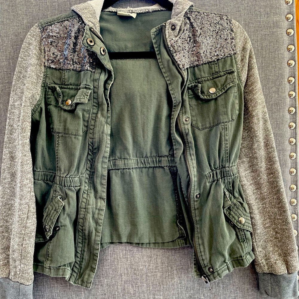 Little girls Daytrip Olive green and grey jacket.